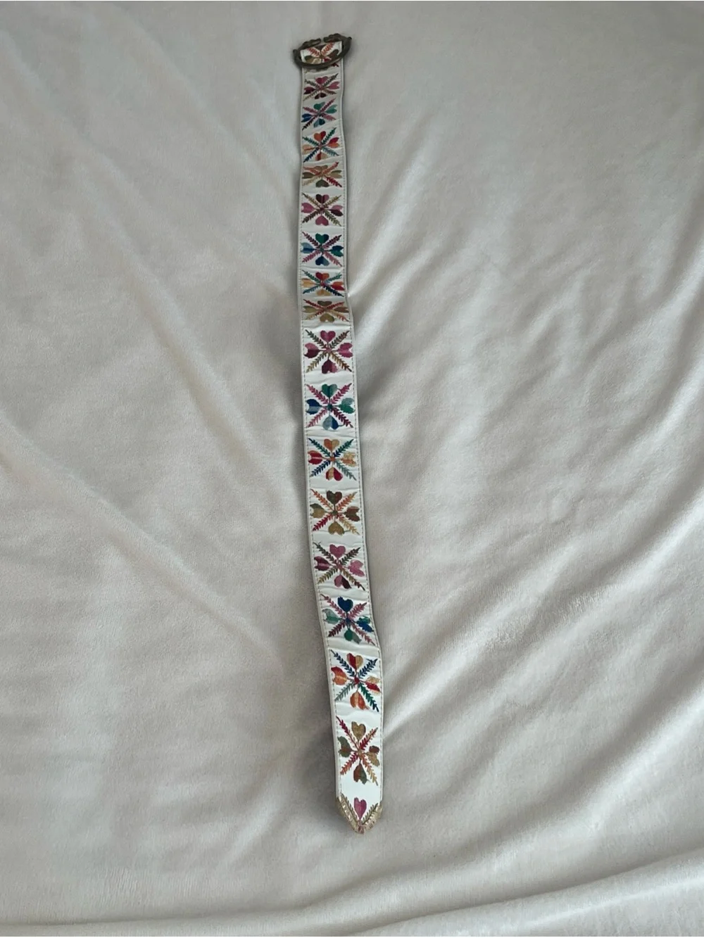 Vintage 70's Bechelli Embroidered Belt Tiger Head Brass Buckle Ivory Floral Boho
